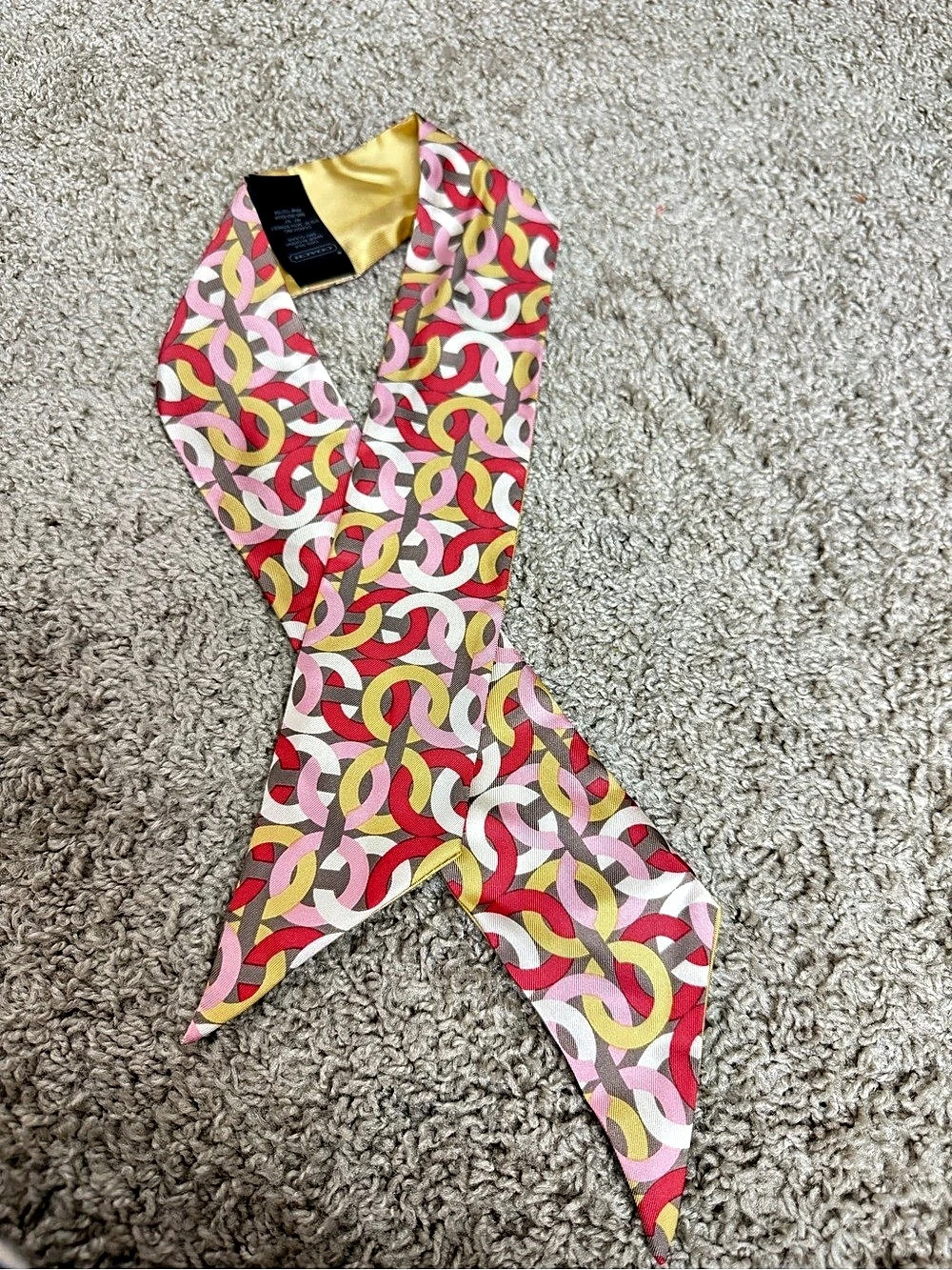 COACH Vintage Signature Print 100% Silk Skinny Scarf Pink & Yellow